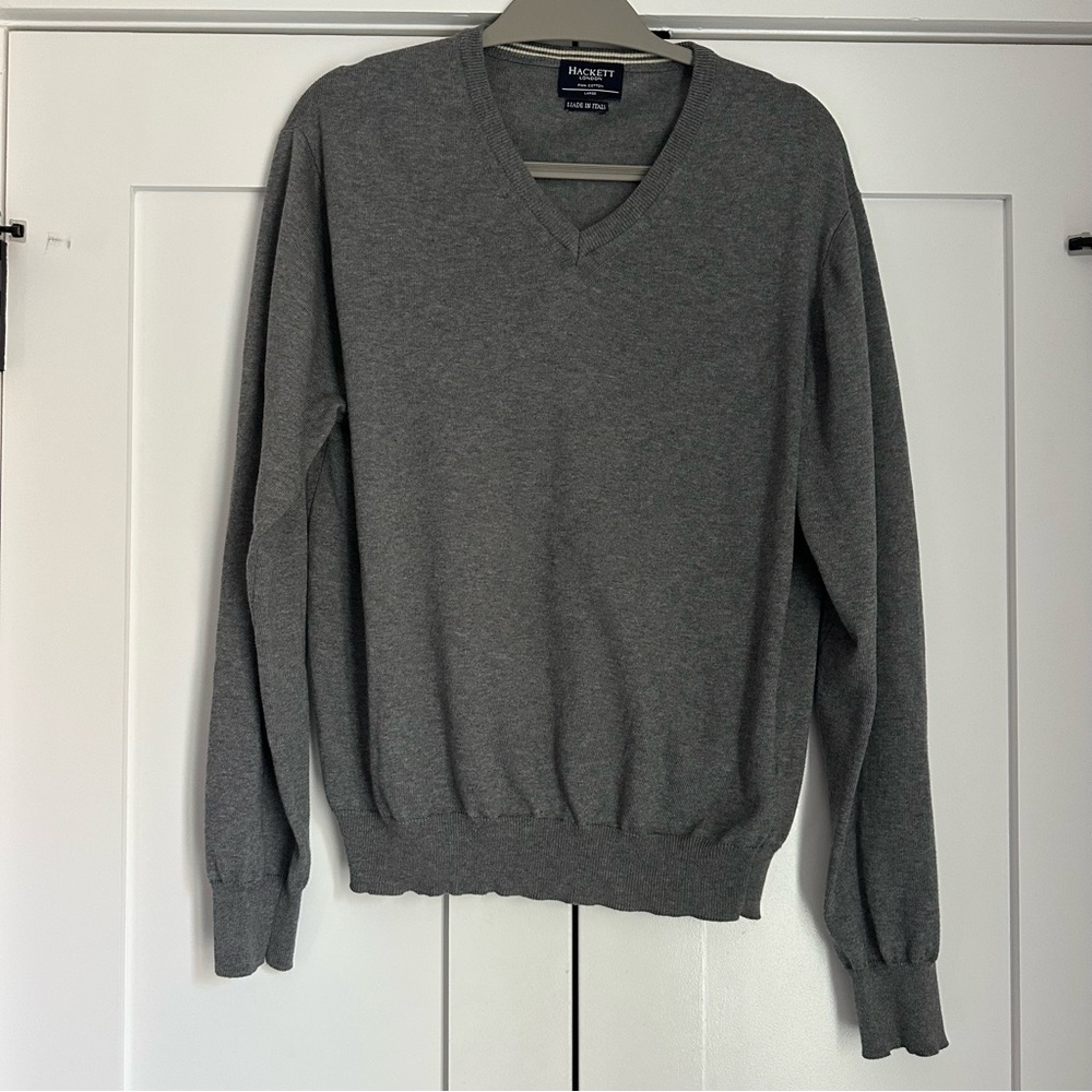 Hackett Grey V-Neck Sweater, 100% cotton, Large